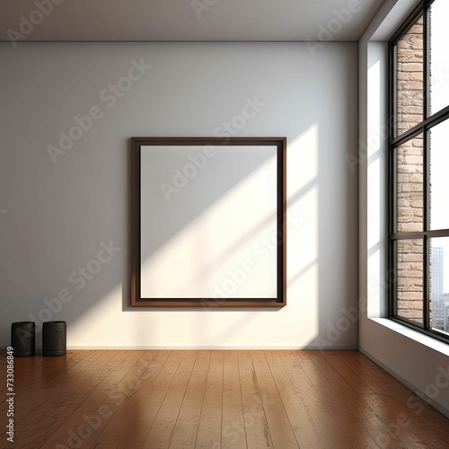AI generated illustration of an interior of a room with a large empty frame on one wall