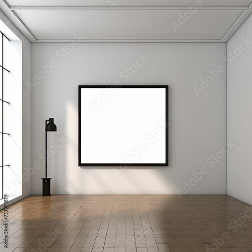 AI generated illustration of an interior of a room with a large empty frame on one wall