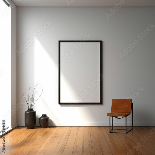 AI generated illustration of an interior of a room with a large empty frame on one wall