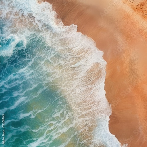 AI generated illustration of an aerial view of a picturesque beach with white sand and blue waves