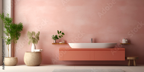  bright minimalistic style Pink bathroom interior bathtub  3D rendering concrete floor and chair with plant and creams. 