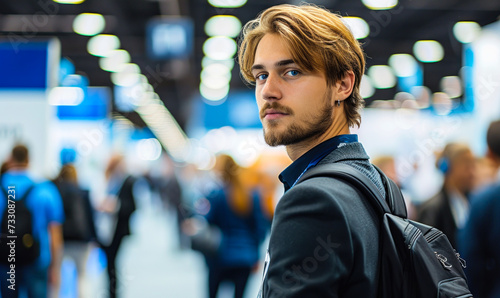 Focused young businessman at an industry conference, observing exhibition stands and networking opportunities in a crowded event hall with blurred participants
