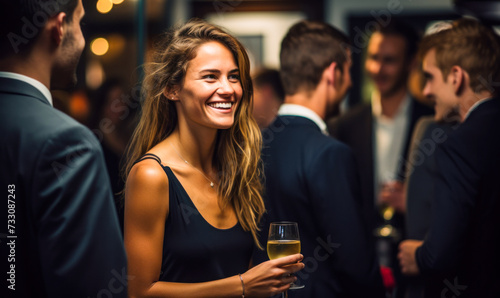 Joyful woman enjoying a lively conversation at a sophisticated evening networking event with professionals engaging in background discussions