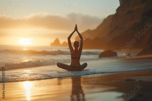 A woman doing yoga on the beach © Leonardo