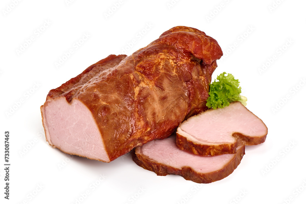 Smoked pork loin with slices, isolated on white background. Smoked pork loin with slices, isolated on white background.