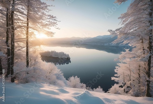 AI generated illustration of a lake surrounded by snow-covered trees photo