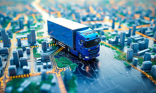 Conceptual representation of logistics and delivery services with a blue delivery truck on a stylized city map highlighting route optimization and urban distribution photo