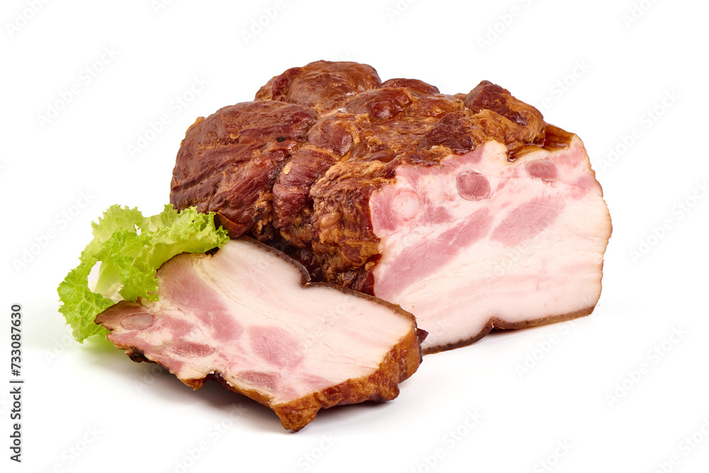 Smoked pork loin, meat fillet, isolated on white background.