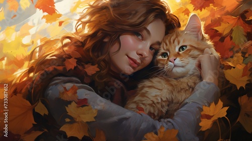 Amidst the rustle of leaves, a young woman and her cat share a tender moment, the world around them a canvas painted with the colors of their silent bond.