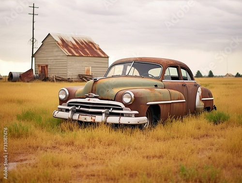 AI generated illustration of a vintage, rust-covered vehicle in a rural farm setting
