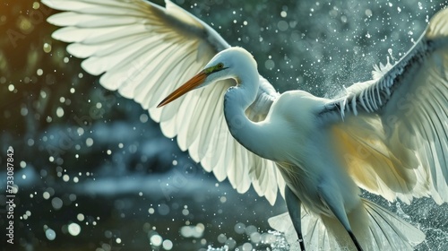 Egret taking flight over water. AI generated.