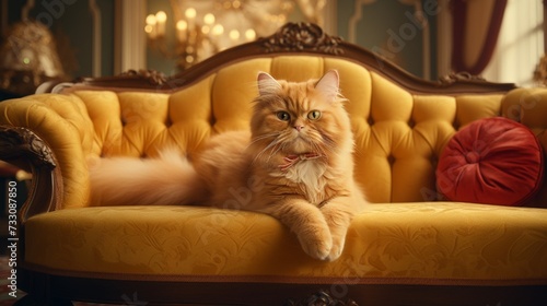 An elegant portrayal of a regal ginger cat at leisure on a luxurious sofa, radiating sophistication.