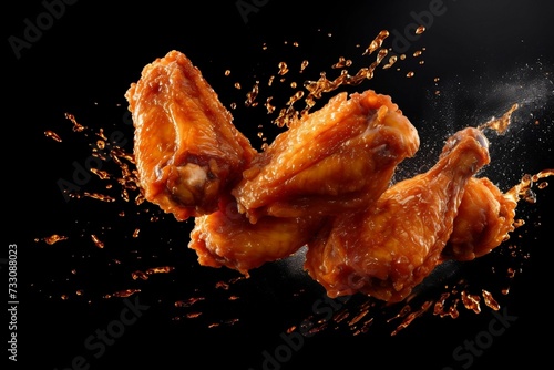 AI generated illustration of chicken wings being pan-fried in a hot sauce with a splash photo
