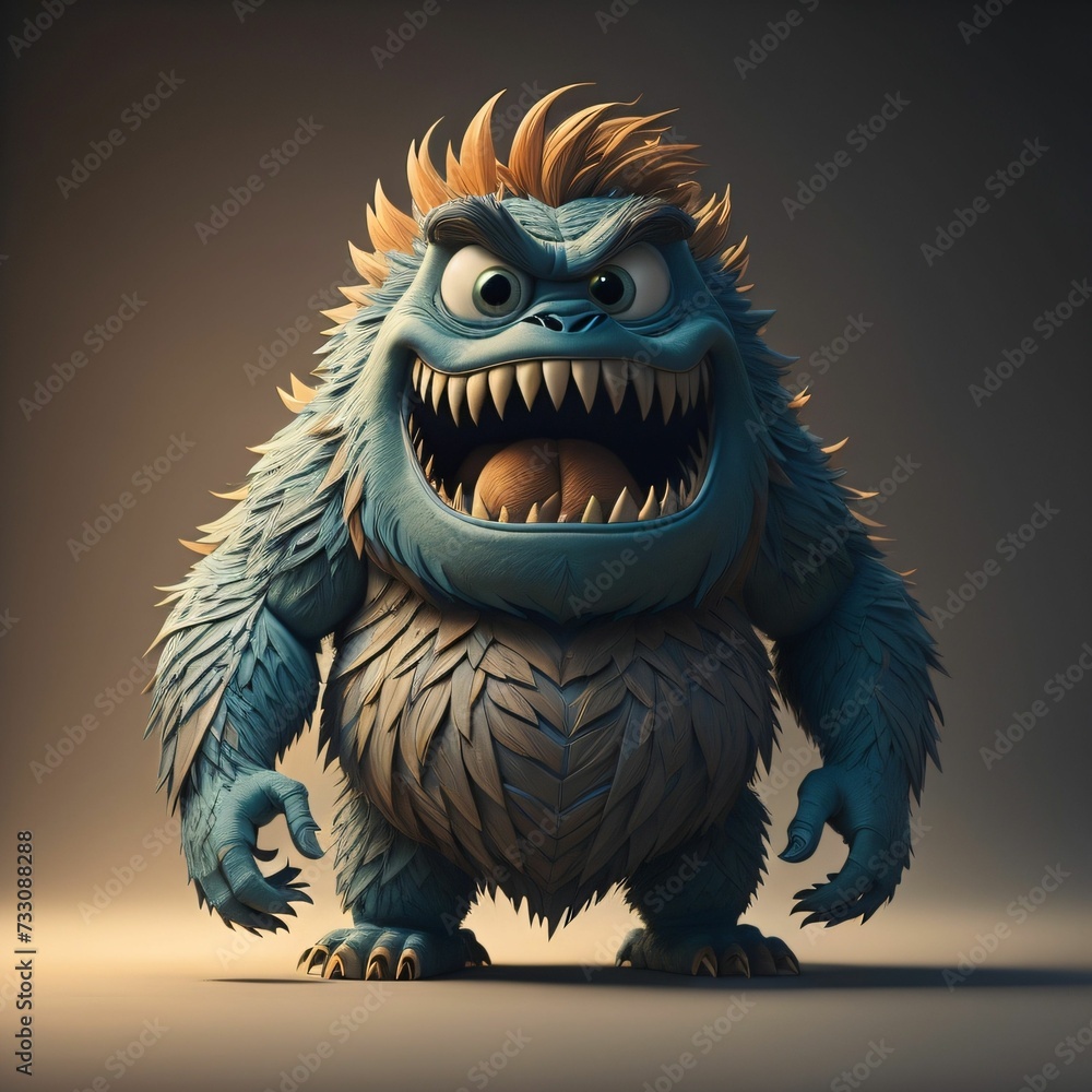 Angry monster standing to observe the atmosphere with big sharp teeth with simple background