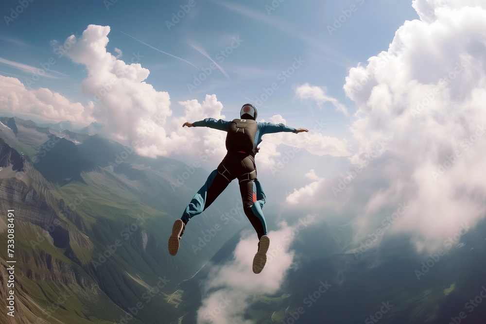 Soaring High, Skydiver in Freefall Above Majestic Mountain Range