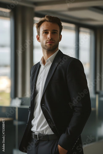 suit and tie. design for business man ad, office worker. a recruitment or magazine ad for HR or manager, business man near window. businessman looking at camera. ceo, accountant, manager or lawyer