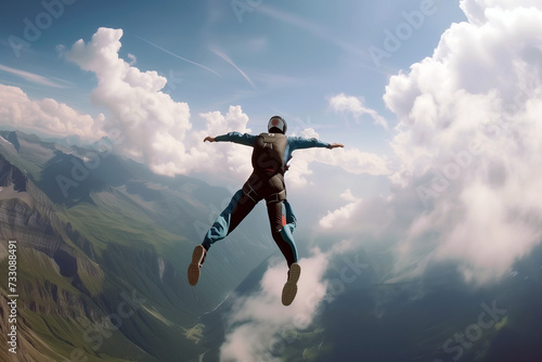 Soaring High, Skydiver in Freefall Above Majestic Mountain Range