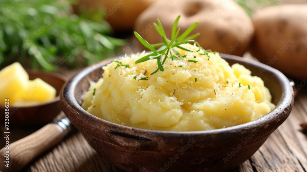 A bowl of mashed potatoes with a sprig of rosemary, AI A bowl of mashed potatoes with a sprig of rosemary, AI