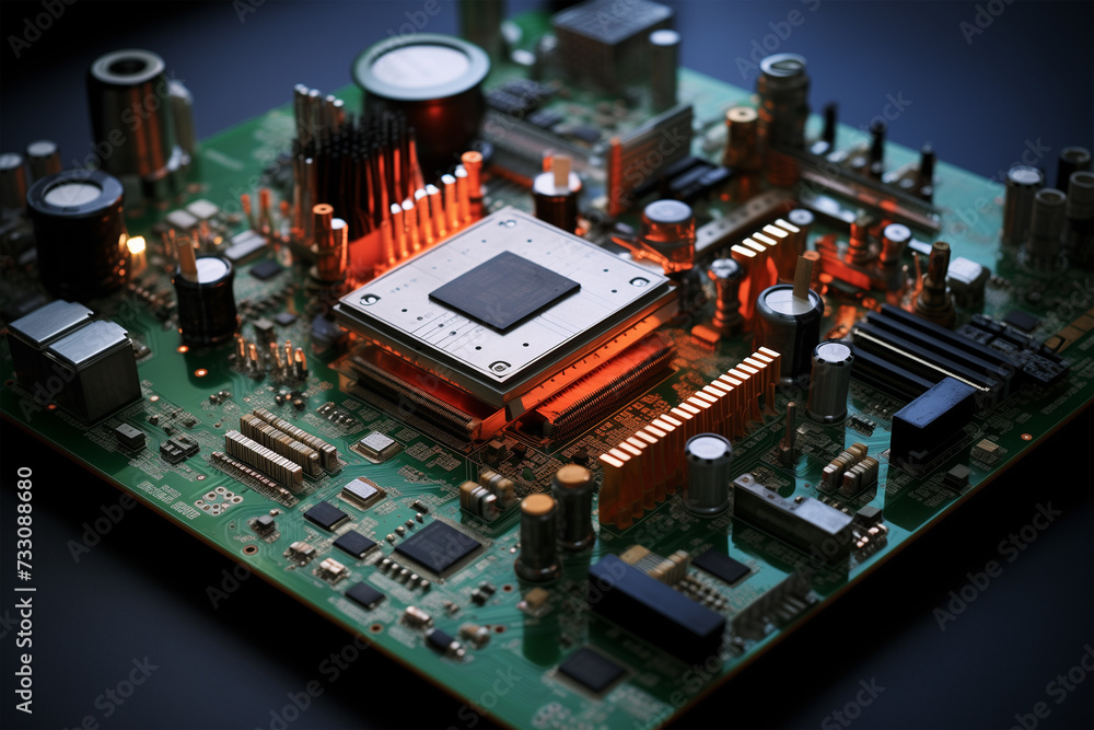 A powerful computer processor or chip on a motherboard. Modern technologies. A powerful computer processor or chip on a motherboard. Modern technologies.