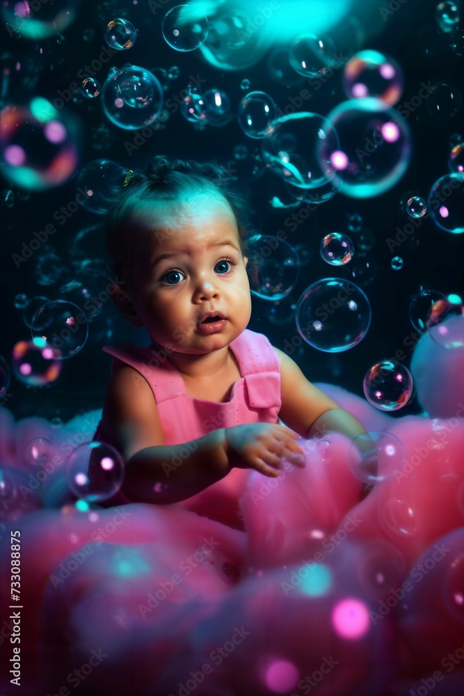 Portrait of an adorable toddler with bubbles scattered around it, AI-generated.