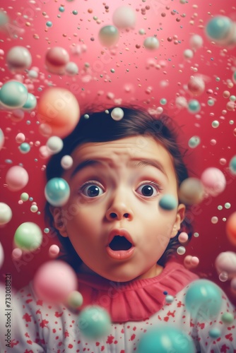 Portrait of an adorable toddler with bubbles scattered around it, AI-generated. © Wirestock