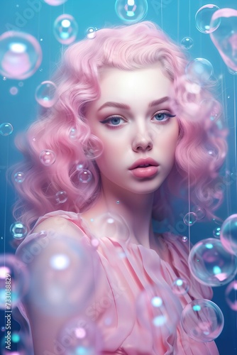 AI generated illustration of a young woman with pink hair and blue eyes