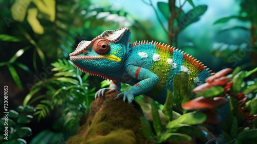 Jungle Kaleidoscope: An AI-Generated Hyperrealistic Image of a Colorful Chameleon in Vibrant Hues © Wirestock