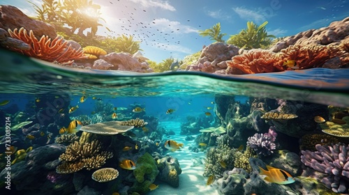 AI generated illustration of coral and fish swimming right under the surface of a sunny sea © Wirestock