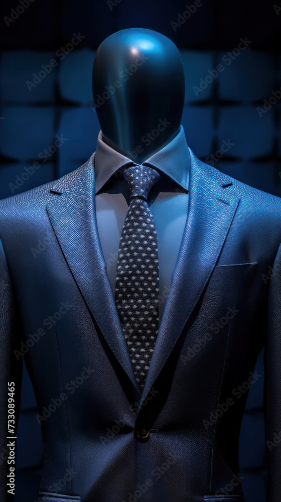 A men shirt in the form of dark blue suits on a mannequin. A men shirt in the form of dark blue suits on a mannequin.