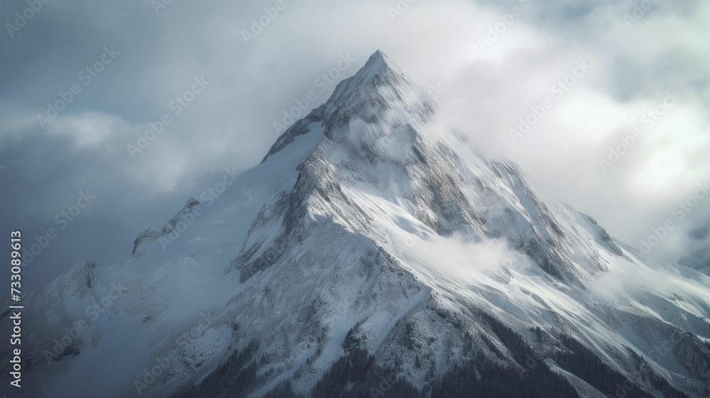 AI generated illustration of an imposing mountain peak with a dramatic skyline of billowing clouds