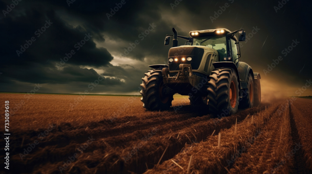 A powerful tractor drives across a huge field. A powerful tractor drives across a huge field.