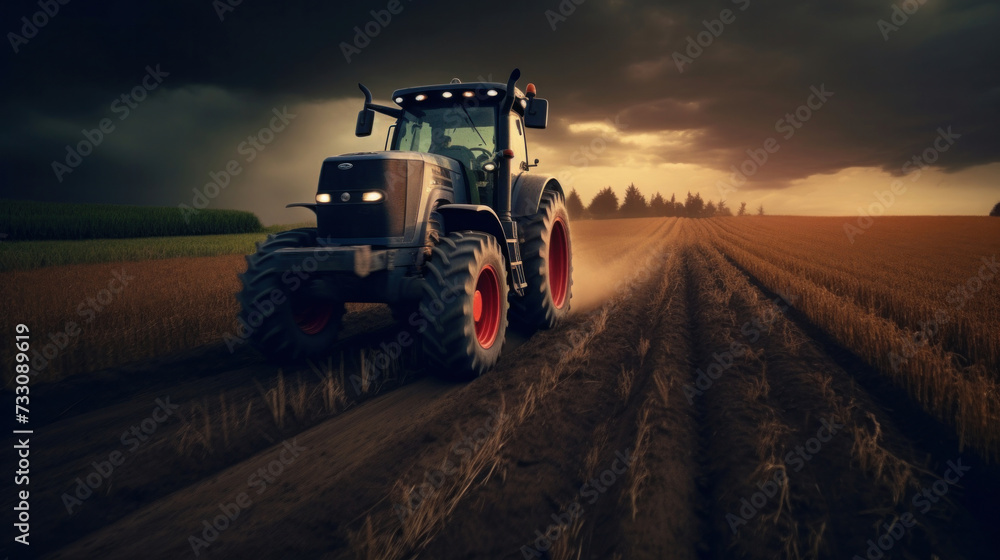 A powerful tractor drives across a huge field.