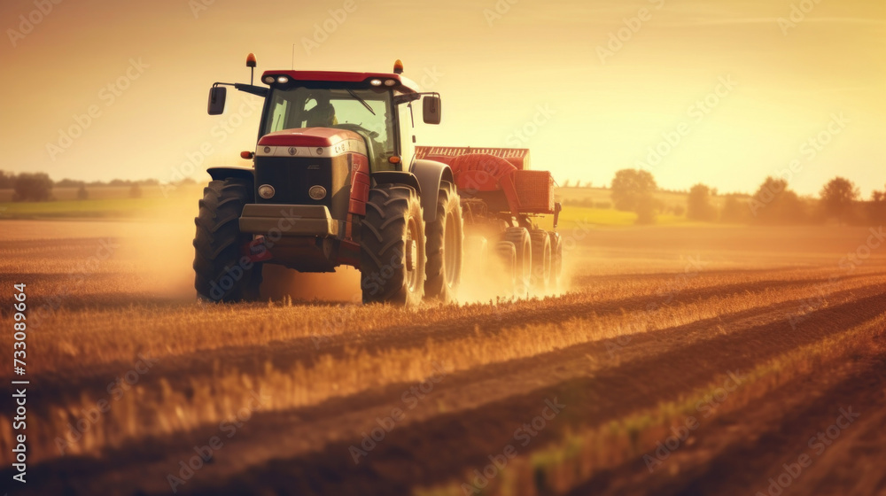 A powerful tractor drives across a huge field. A powerful tractor drives across a huge field.