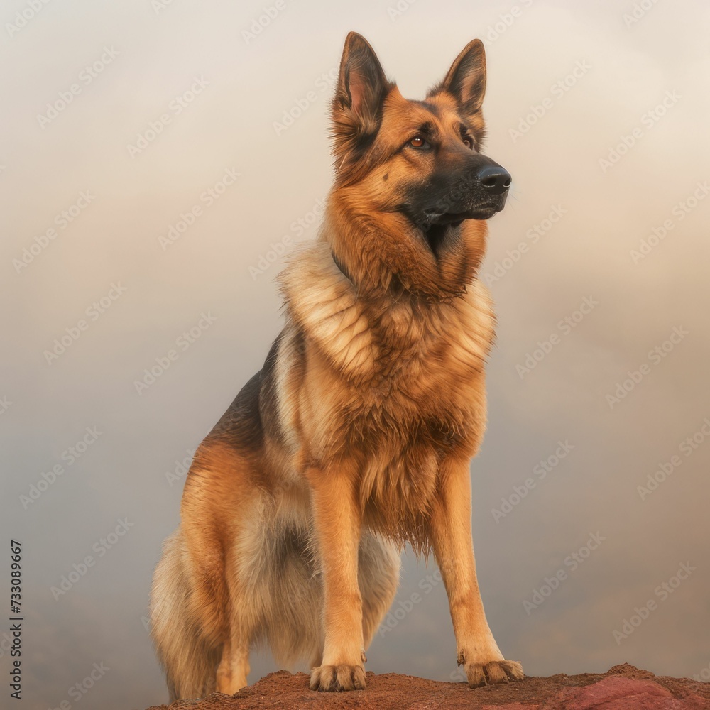 German Shepherd standing atop a hillside blanketed in autumnal hues, AI-generated. German Shepherd standing atop a hillside blanketed in autumnal hues, AI-generated.