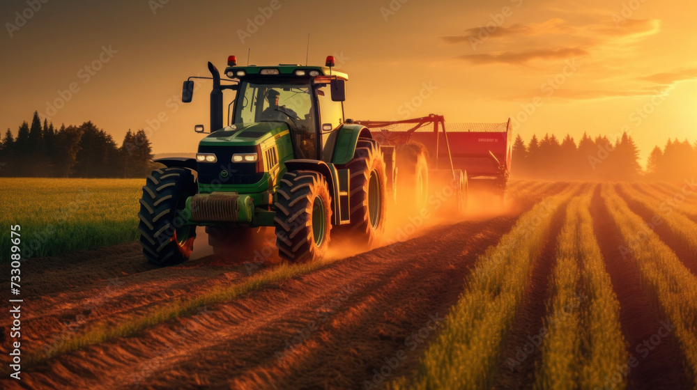 A powerful tractor drives across a huge field.