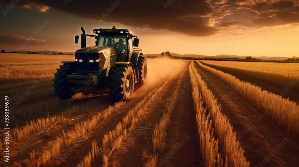 Fototapeta premium A powerful tractor drives across a huge field.