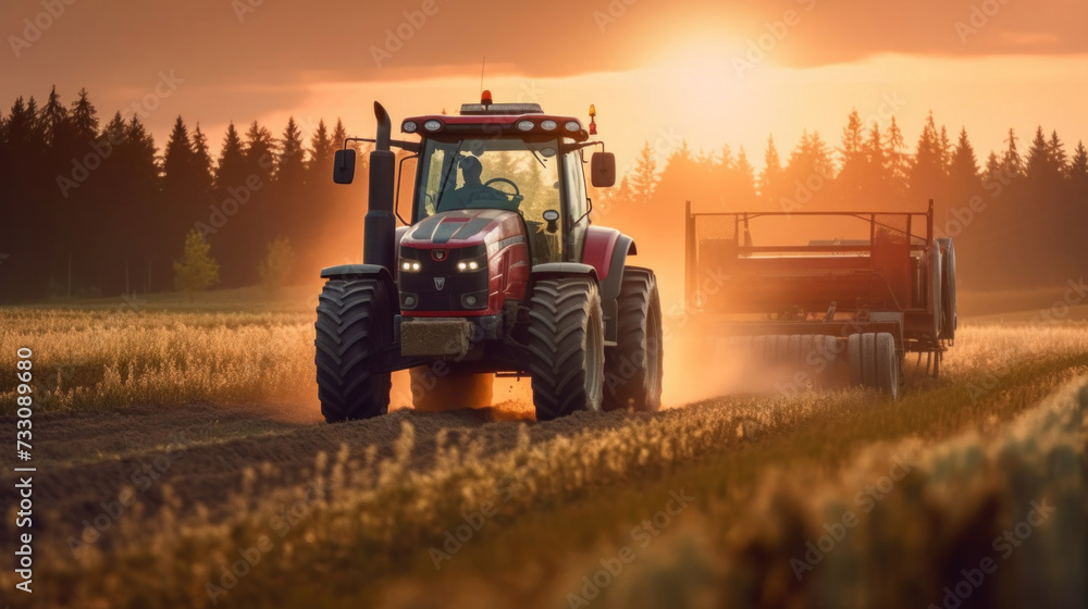 A powerful tractor drives across a huge field. A powerful tractor drives across a huge field.