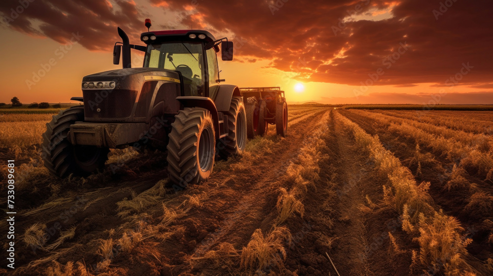 A powerful tractor drives across a huge field. A powerful tractor drives across a huge field.