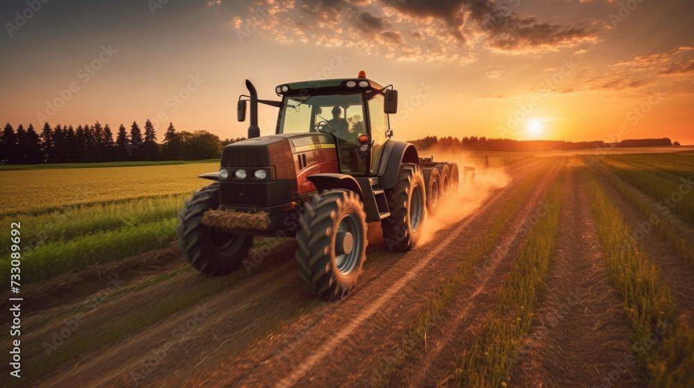 Fototapeta premium A powerful tractor drives across a huge field.
