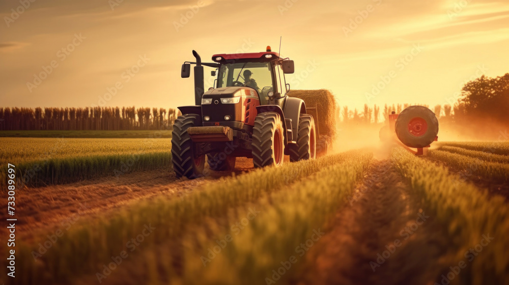 Fototapeta premium A powerful tractor drives across a huge field.