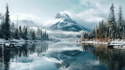 AI generated illustration of a tranquil lake reflecting a majestic snow-capped mountain