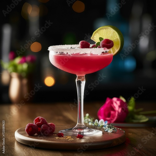 AI generated refreshing pink  cocktail garnished with raspberries and a lime photo