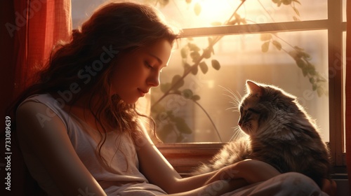 As sunlight streams through a window, a cat nestles against a young woman, both lost in a moment of tranquil companionship. photo
