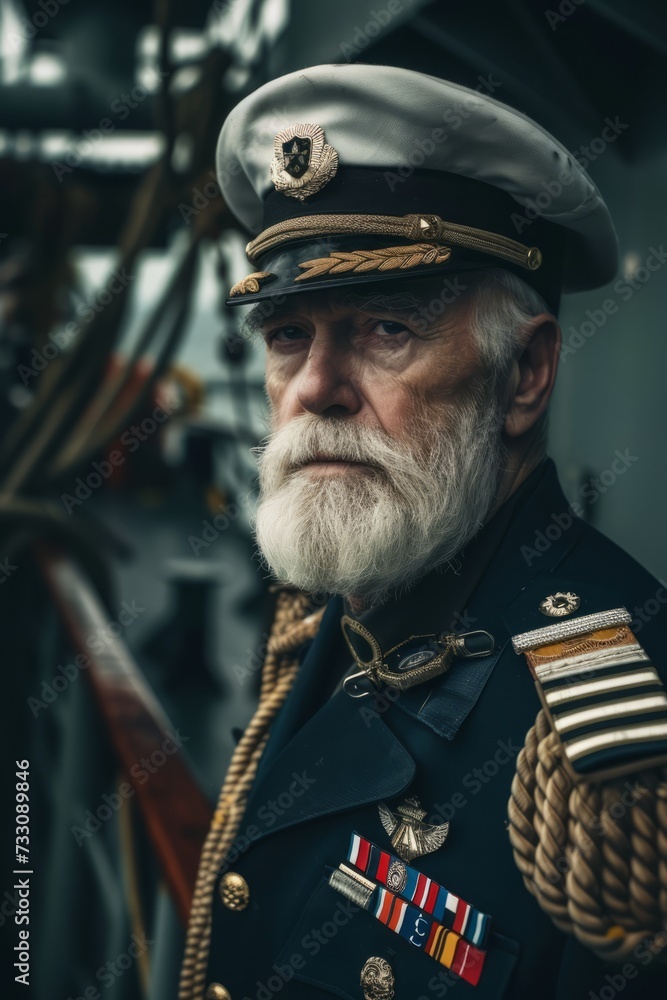 A Man in a Military Uniform Standing Next to a Ship A Man in a Military Uniform Standing Next to a Ship