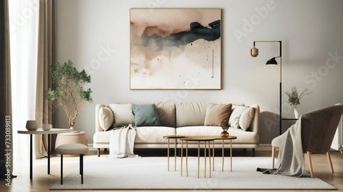 AI generated illustration of stylish living room interior with mockup frame poster