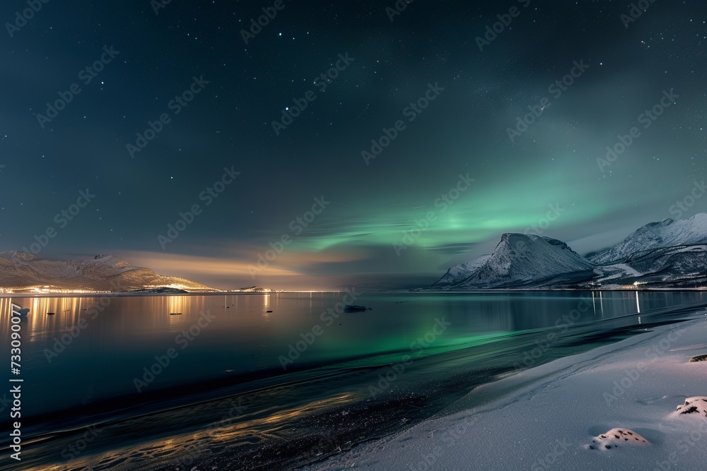 Spectacular Green and White Aurora Borealis Reflecting on a Body of Water