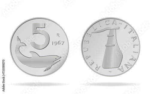 5 Lire of Italy in front and back. Vector illustration on a white background is made in 3D style