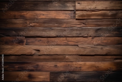 Dark brown wooden wall panels illuminated by soft light. AI-generated.