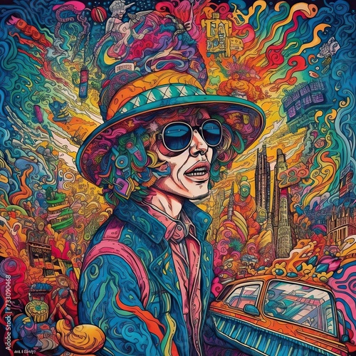 AI generated illustration of a man wearing a colorful hat, against a psychedelic background