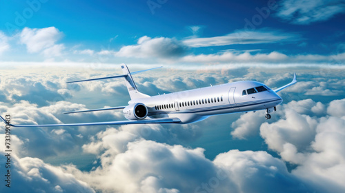 a Private jet flying over the earth. Empty blue sky with white clouds at background.